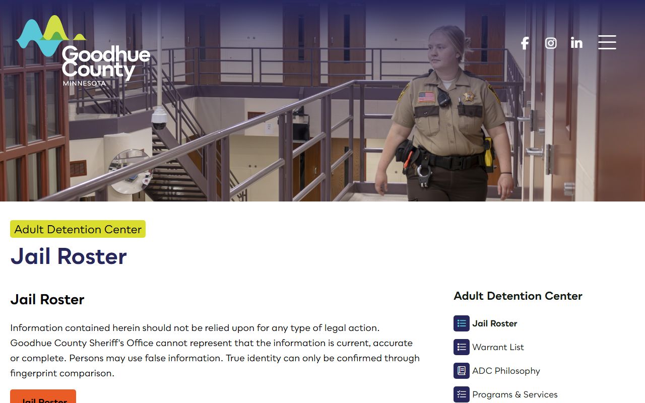 Goodhue County jail roster landing page and disclaimer