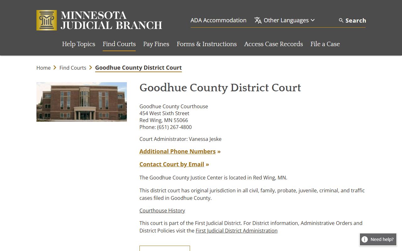 Goodhue County District Court page with courthouse address and phone number