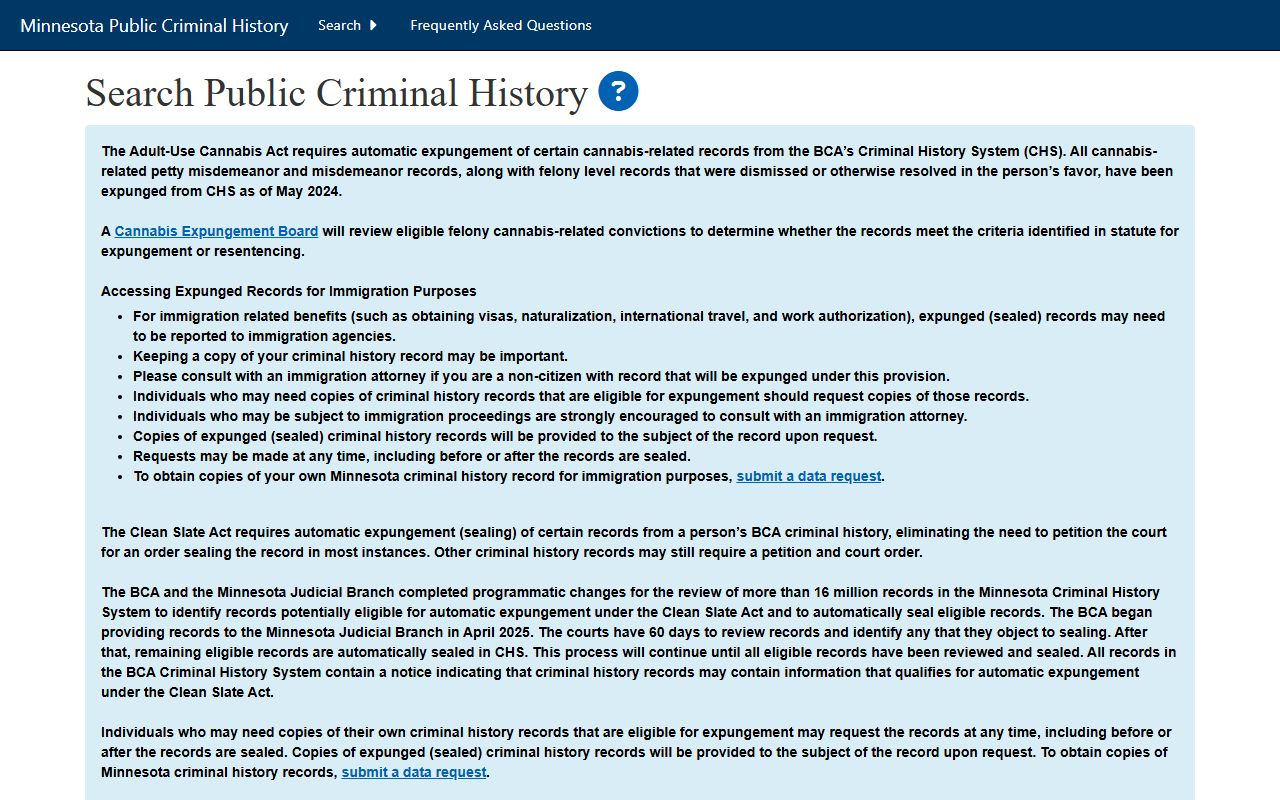 Minnesota BCA public criminal history search form