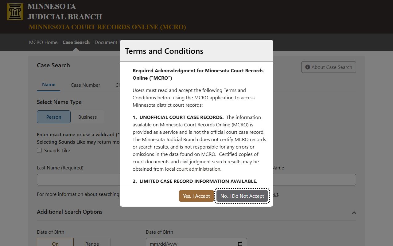 Minnesota Court Records Online case search fields and Goodhue County filter